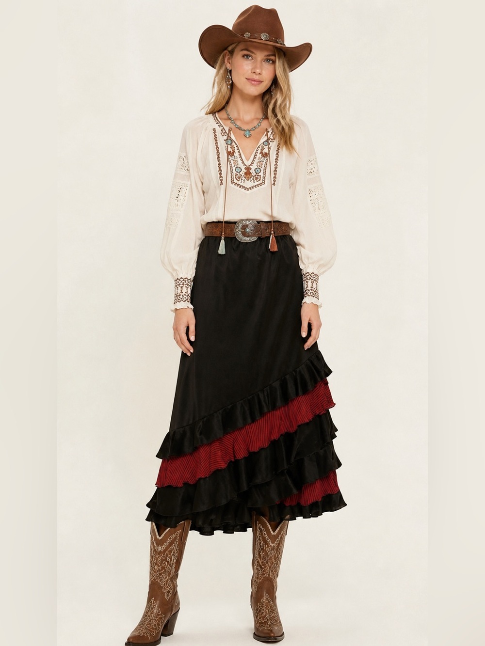 Pat Dahnke Western Tiered Maxi Skirt M Black Floral Print Pull On Rodeo Festival